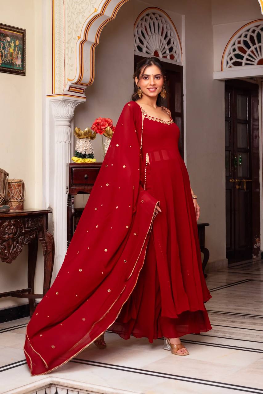 Red Faux Georgette Handwork Real Mirror Top with Palazzo and Dupatta Set