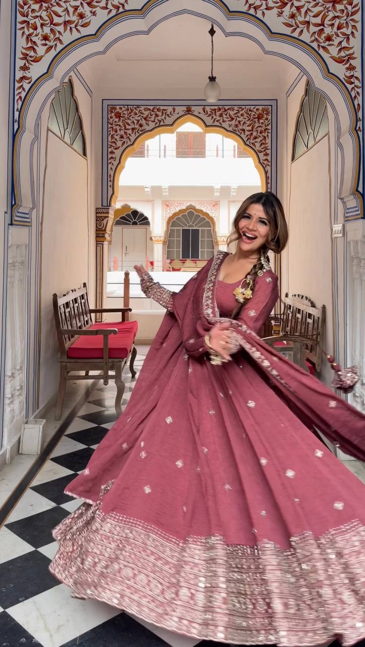 Rose Gold Designer Gown with Pant Set