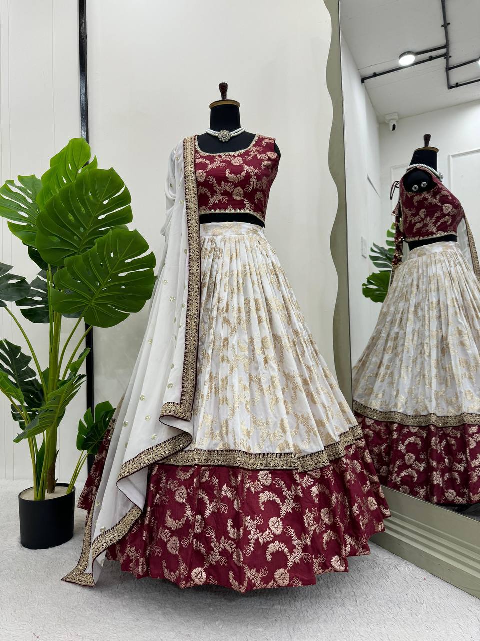 Ivory And Maroon Combination Lehenga Choli Set