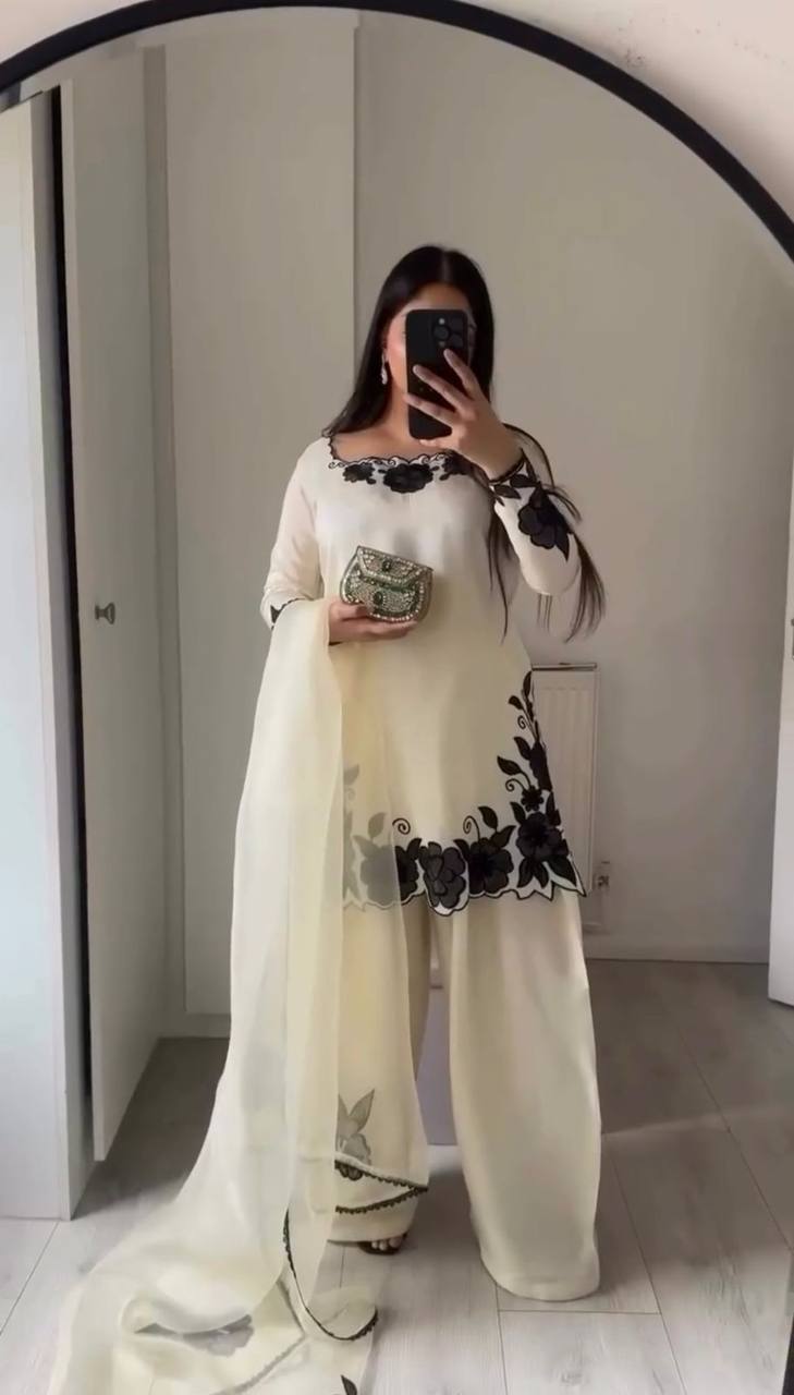 White With Black Embroidered Work Suit Set