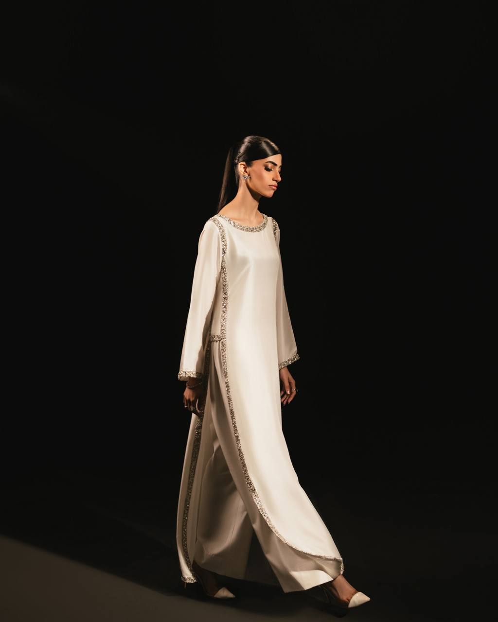 Ivory With Silver Embellished Borders Anarkali Gown Set