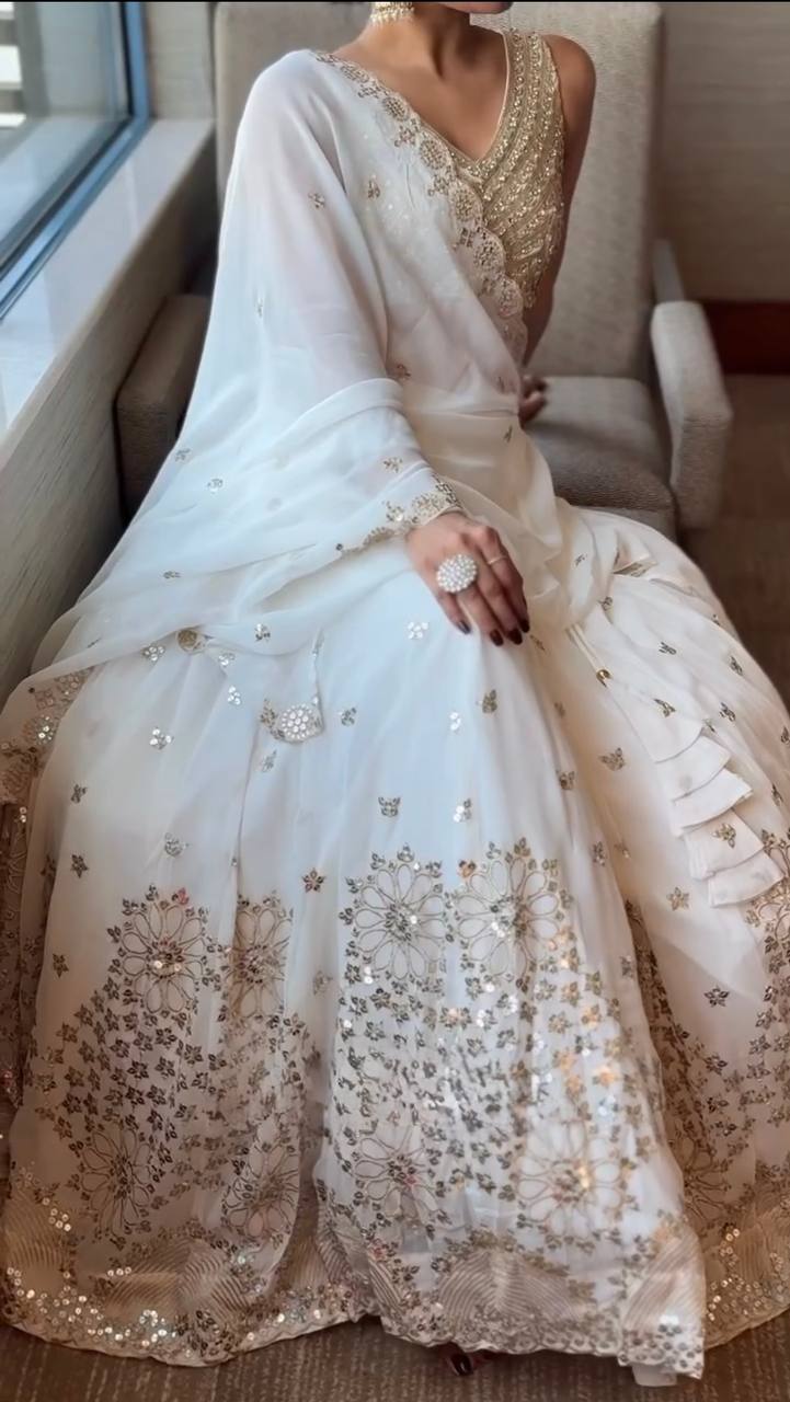White With Golden Embellished Lehenga Choli Set