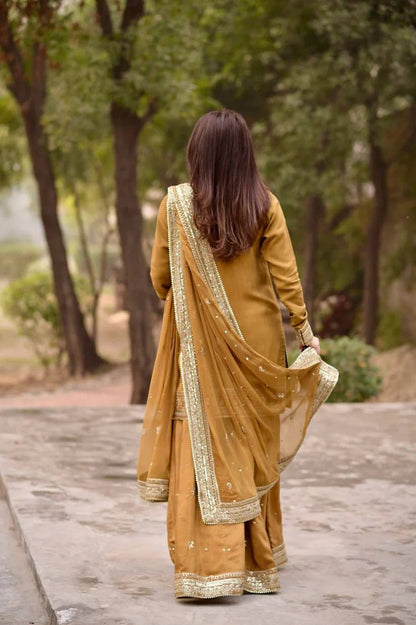 Gold Mustard Color Embroidered Kurta Sharara Set