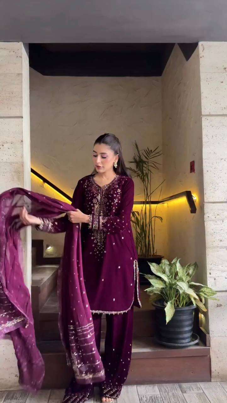 Deep Wine Embroidered Festive Suit Set