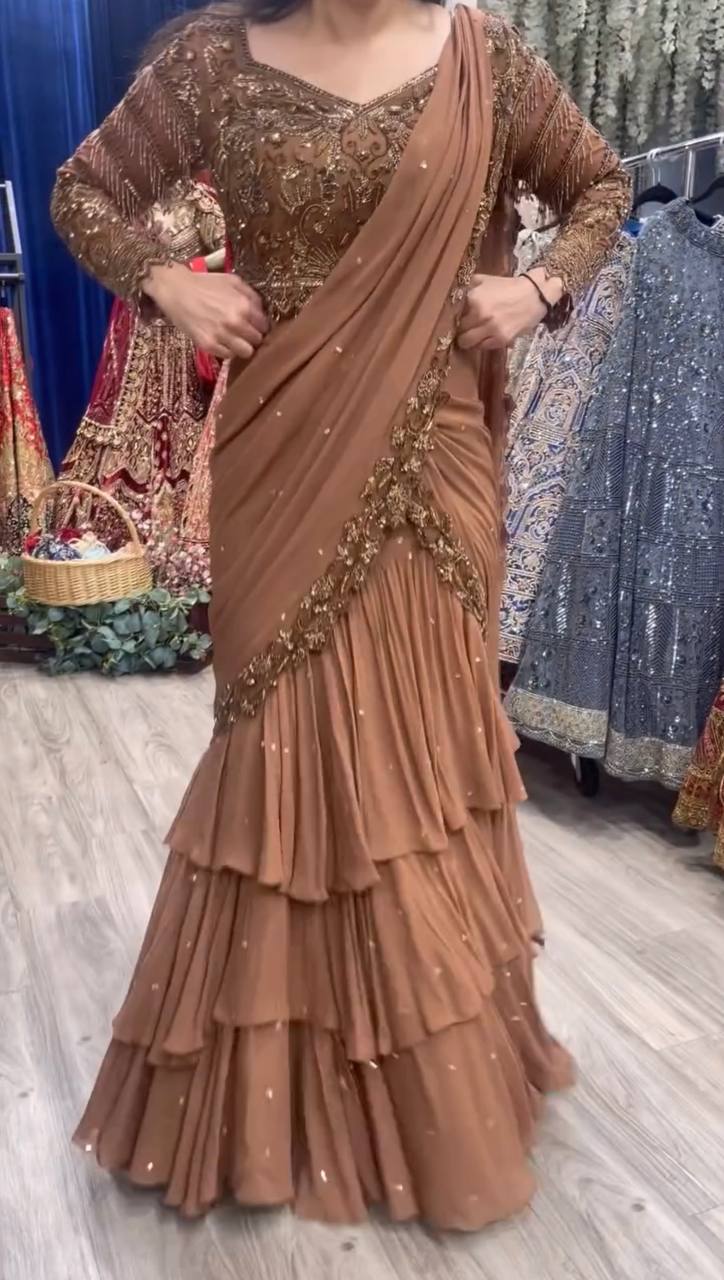Peach Color Saree with Embroidered Blouse Set