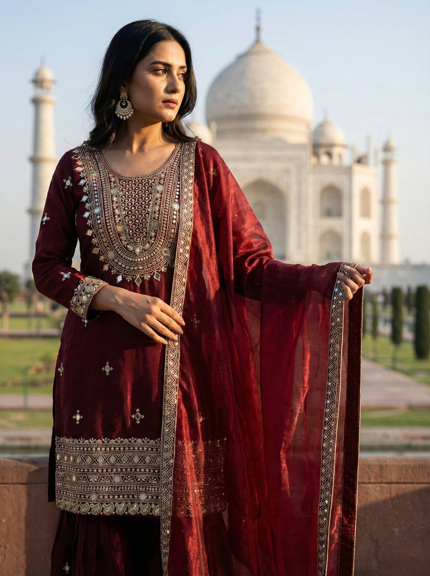 Ruby Port GMY Silk Embroidered Sharara Set with Mirror Work and Lace Border Dupatta