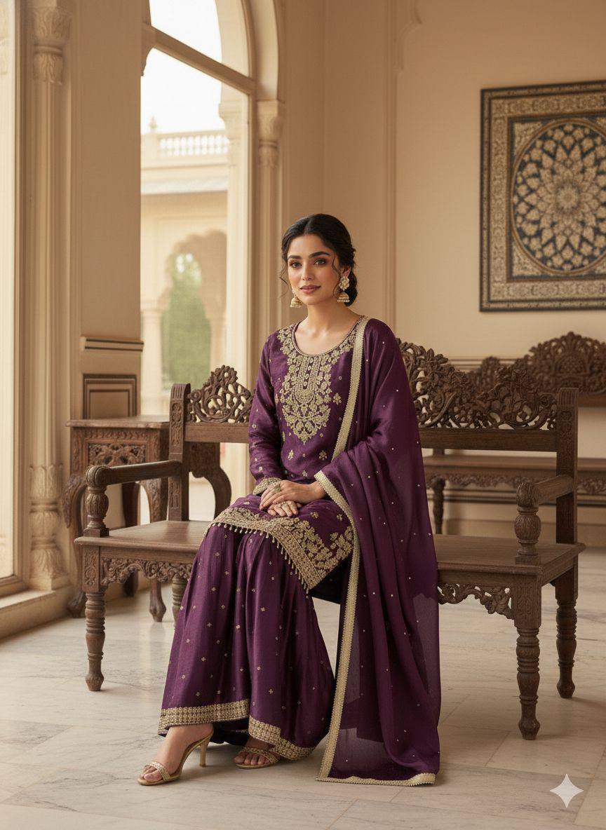 Heirloom Purple GMY Silk Sequence Embroidered Sharara Set with Bead Work Dupatta