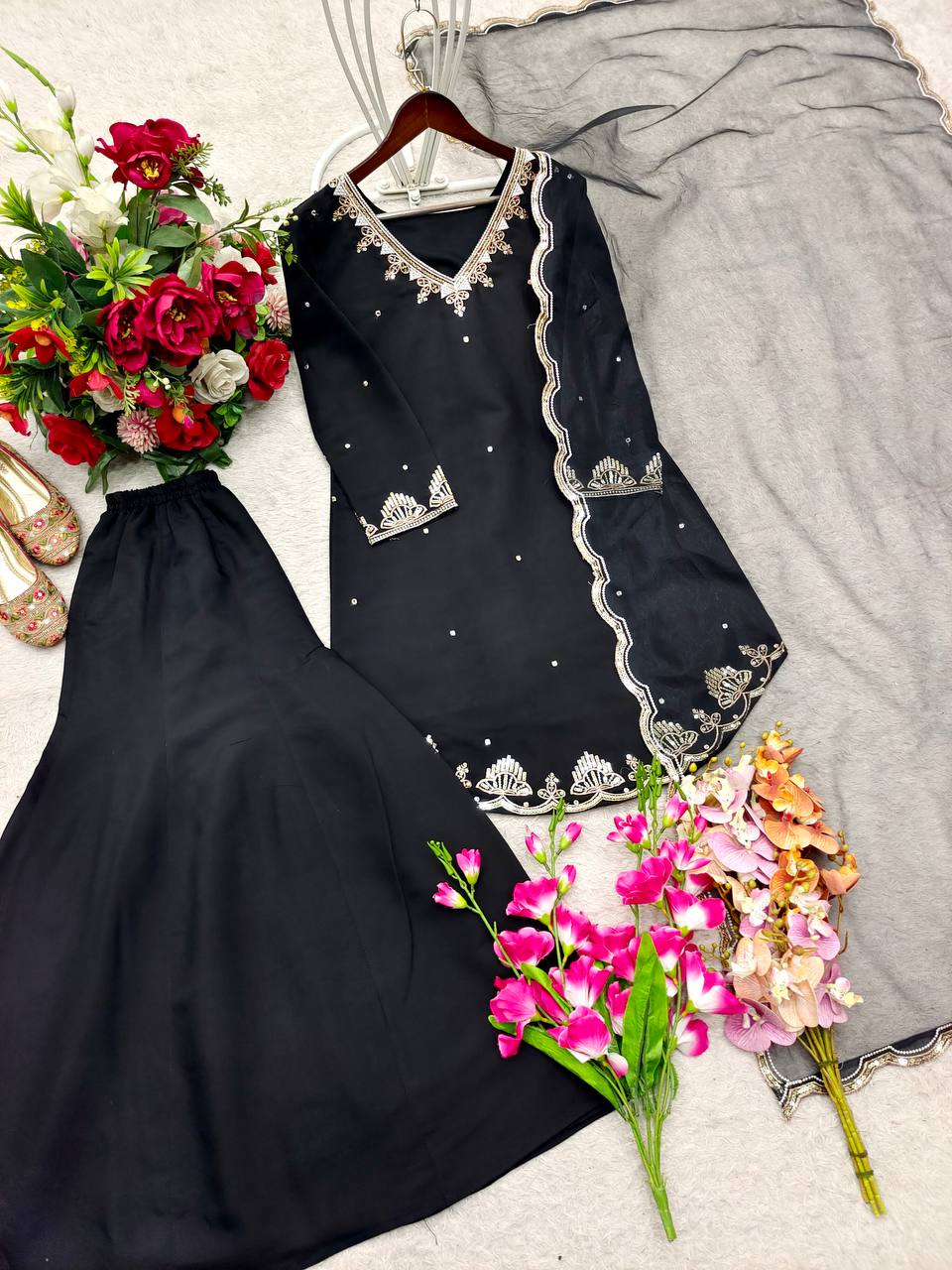 Midnight Black Roman Silk Embroidered Top and Plazzo Set with Matching Dupatta
