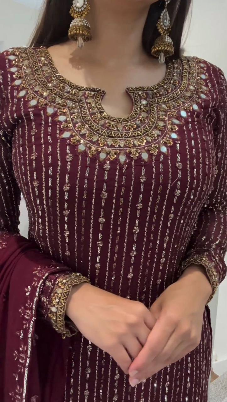 Maroon Faux Georgette Mirror Work Top with Pant and Embroidered Dupatta