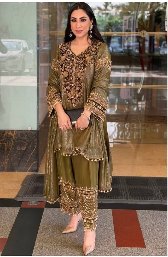 Noble Green Eid Special Heavy Embroidered Nylon Top with Soft Silk Plazzo and Lace Border Dupatta