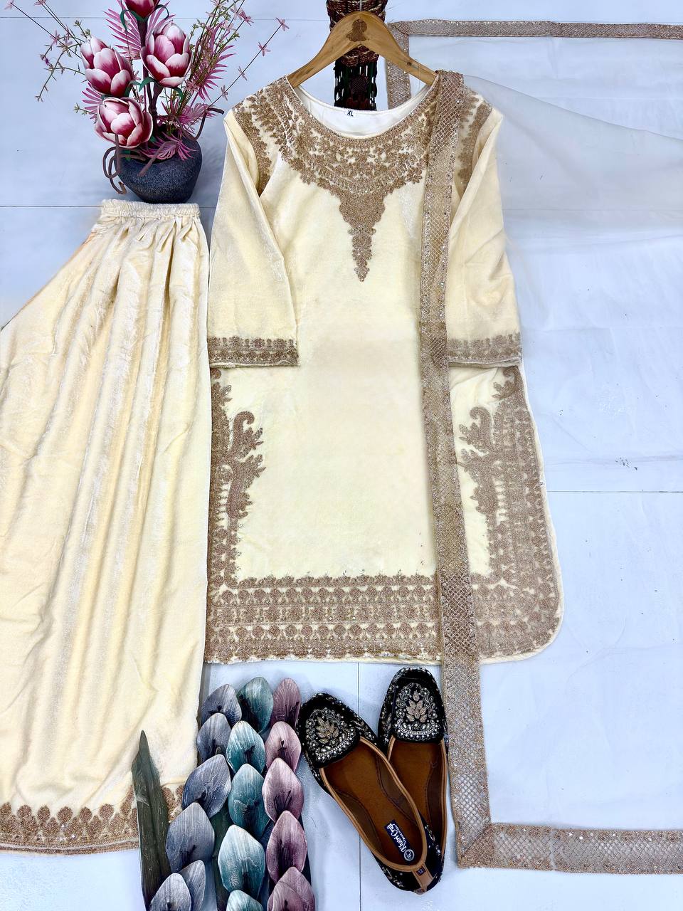 Heirloom Cream Embroidered Viscose Velvet Top with Umbrella Cut Palazzo and Soft Net Dupatta