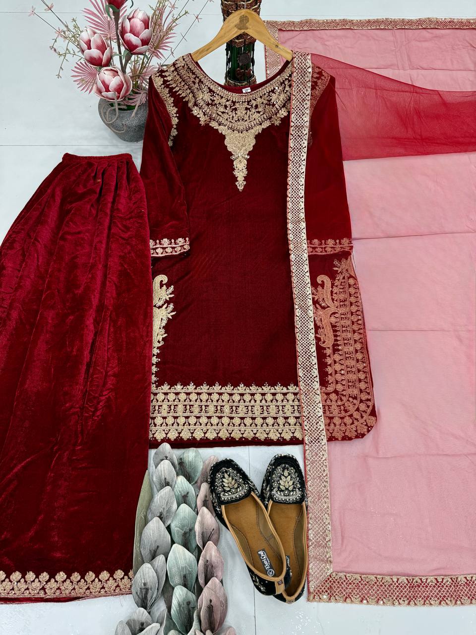Maroon Embroidered Viscose Velvet Top with Umbrella Cut Palazzo and Soft Net Dupatta