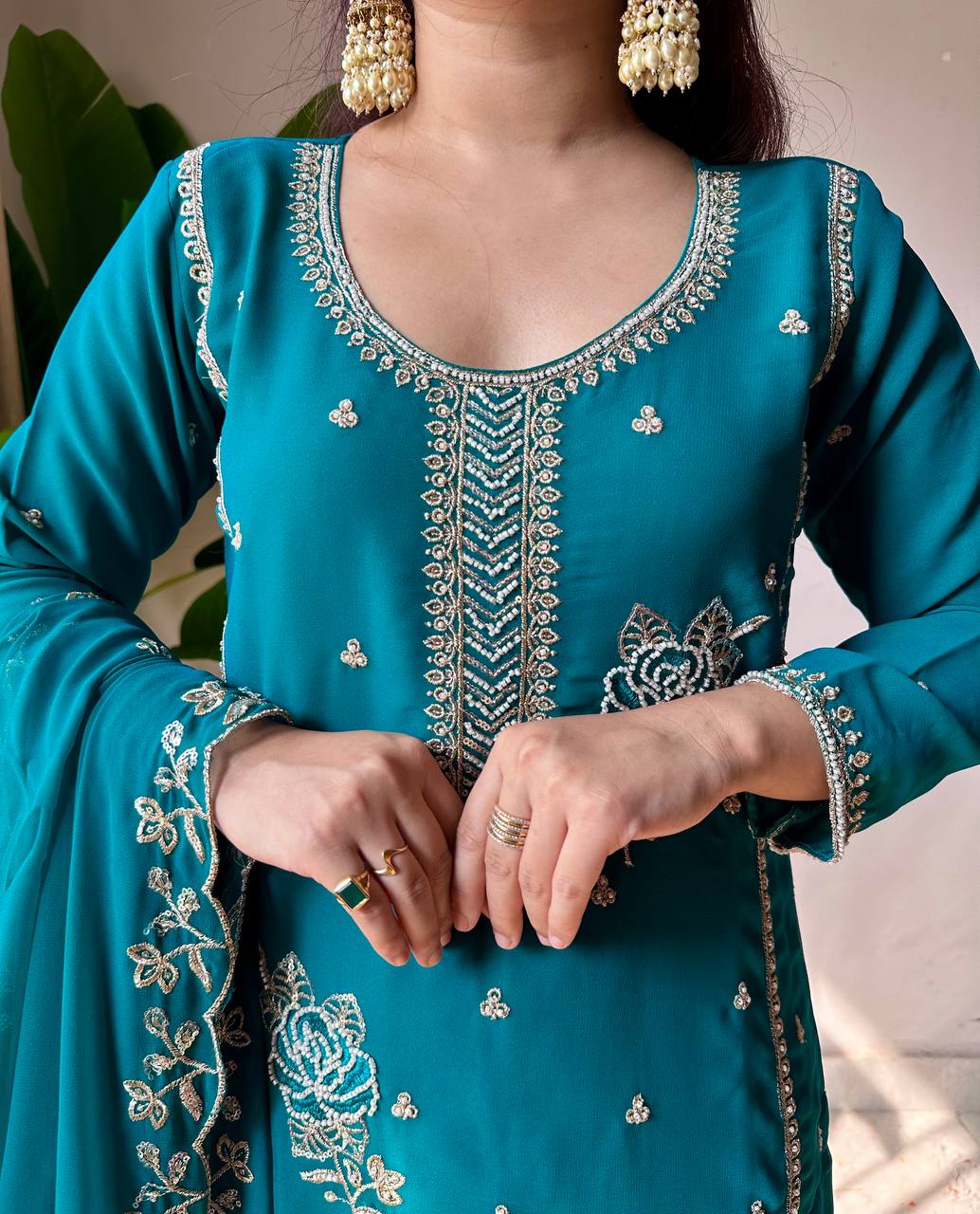 Teal Royal EID Special Faux Georgette Embroidered Gharara Suit Set with Dupatta