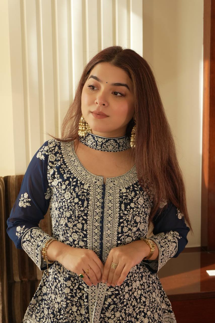Navy blue Embroidered Georgette Peplum Top Plazzo Set with Dupatta