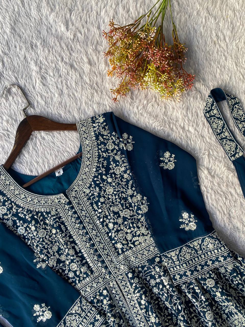 Navy blue Embroidered Georgette Peplum Top Plazzo Set with Dupatta