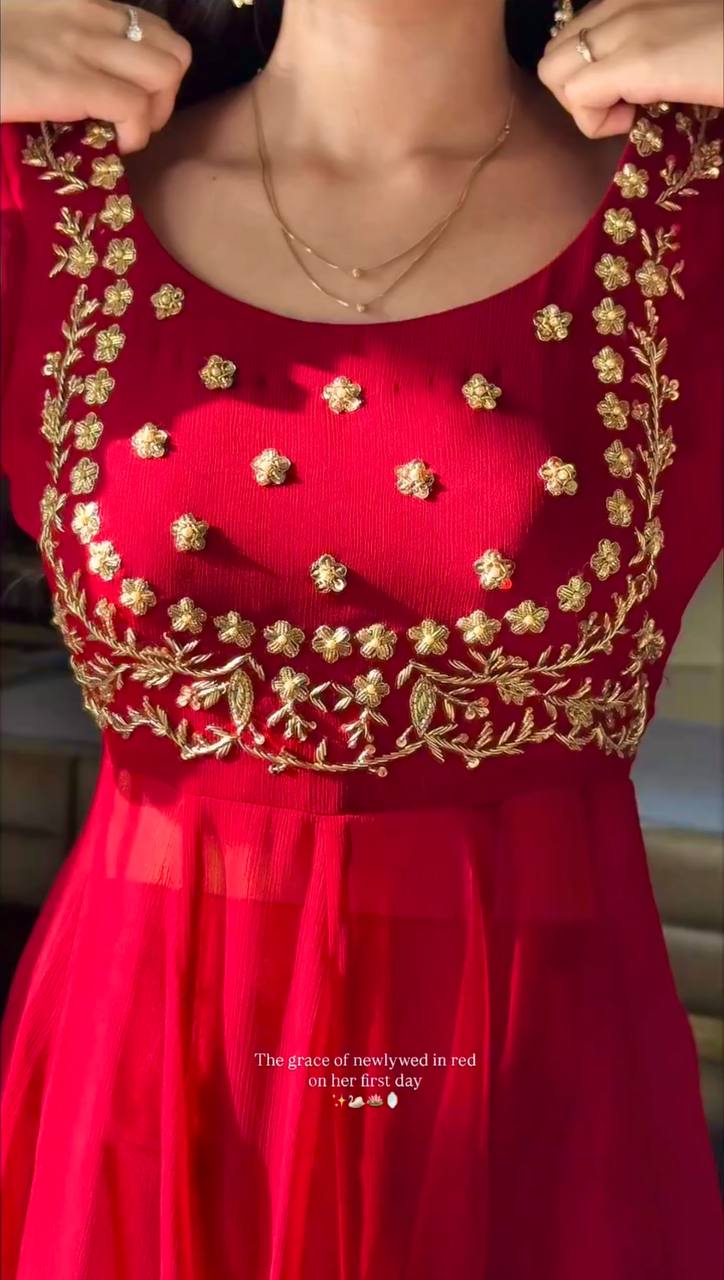 Red Heavy Faux Georgette Thread and Sequence Work Suit with Pant and Dupatta Set