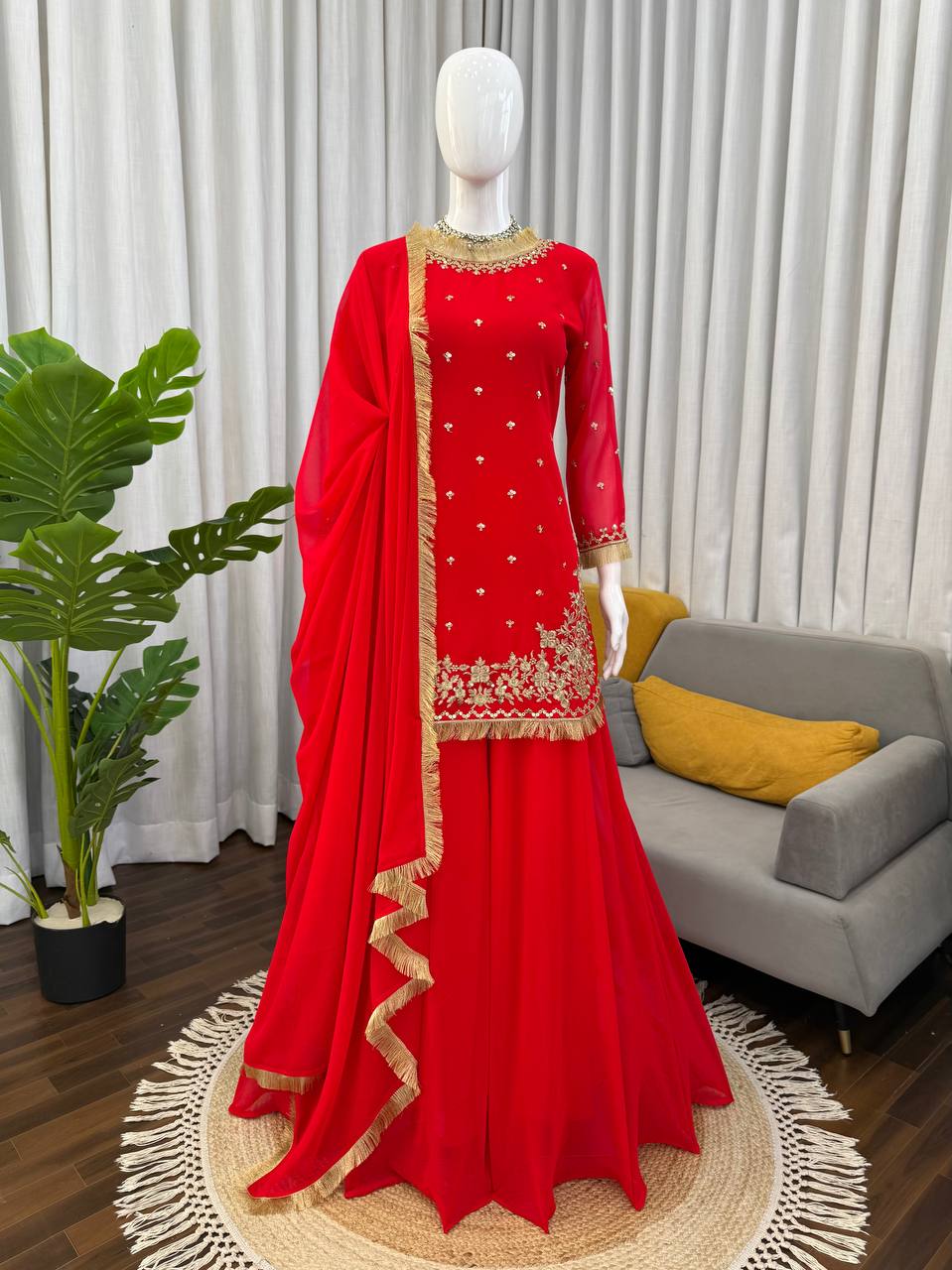 Red C by C Faux Georgette Thread and Sequence Work Sharara Set with Lace Dupatta
