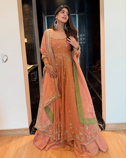 Orange colour Heavy Chinon Silk Thread and Sequence Work Gown with Lehenga and Dupatta Set