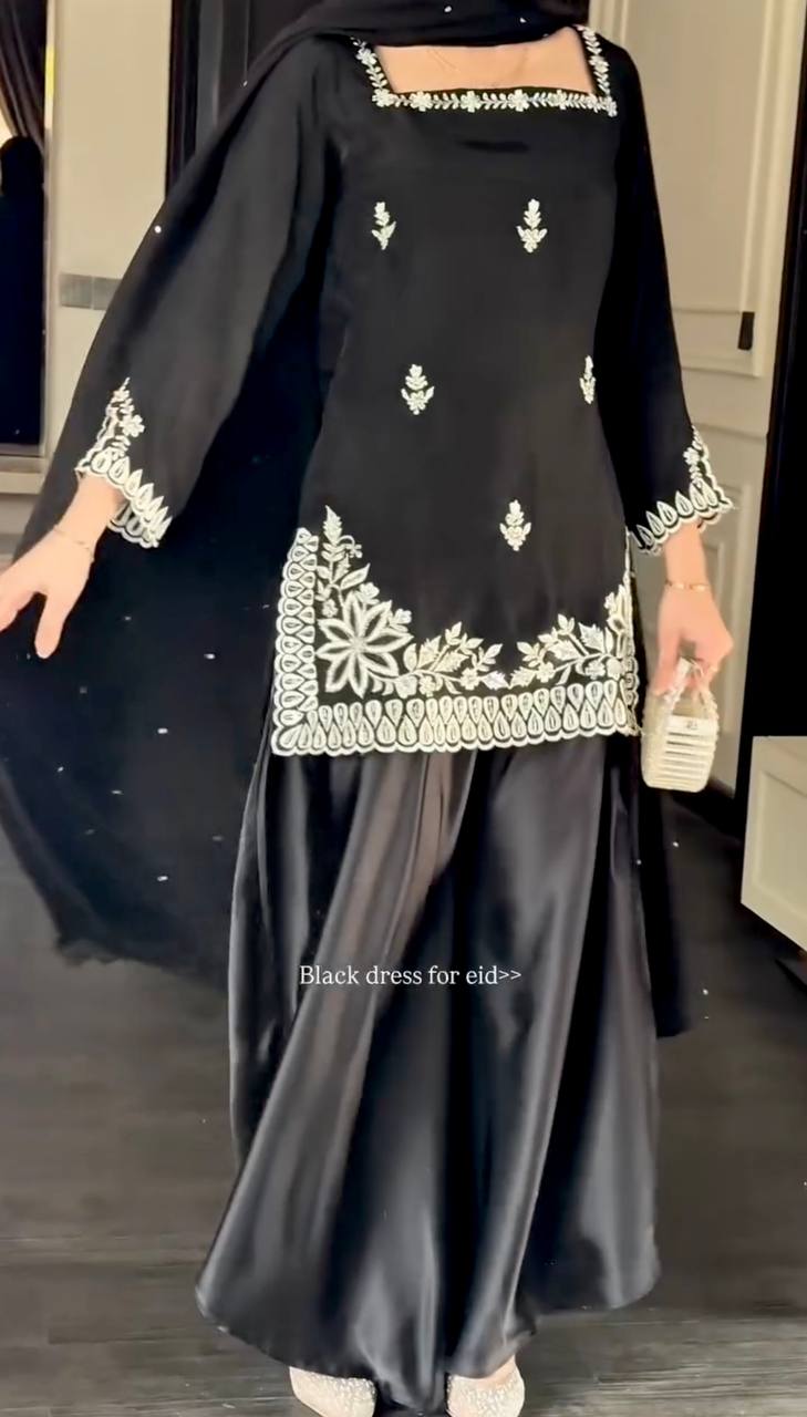 Black Heavy Natural Crepe Thread and Sequence Work Palazzo Set with Tibby Silk Moti Dupatta
