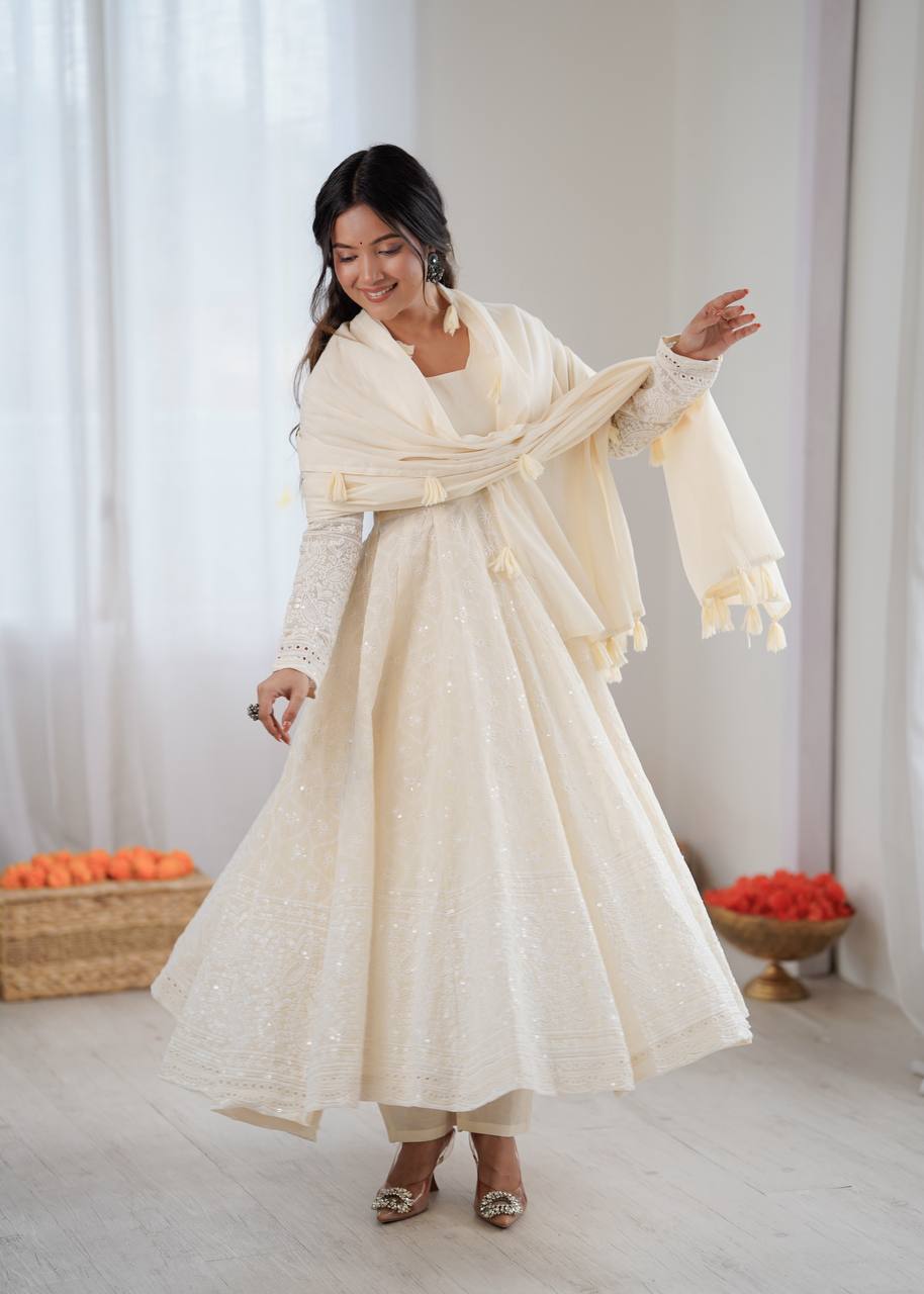 Beige Pure Kora Cotton Schiffli Work Anarkali Gown Set with Bottom and Dupatta