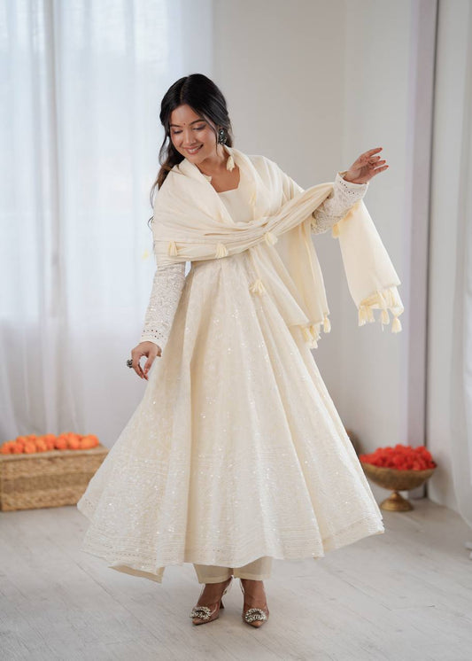 Beige Pure Kora Cotton Schiffli Work Anarkali Gown Set with Bottom and Dupatta