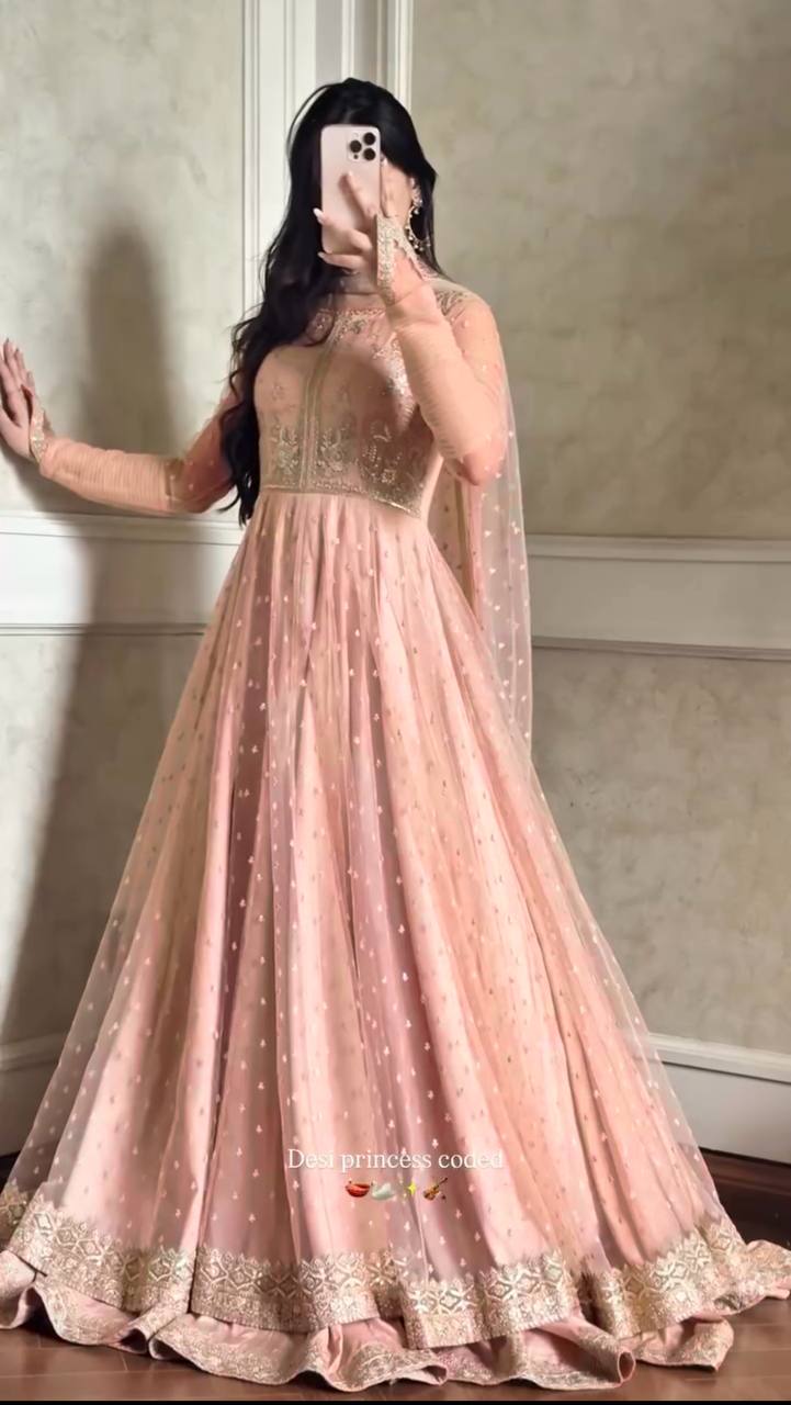 Shehzadi Pink Faux Georgette Thread and Sequence Work Gown with Lehenga and Butterfly Net Dupatta