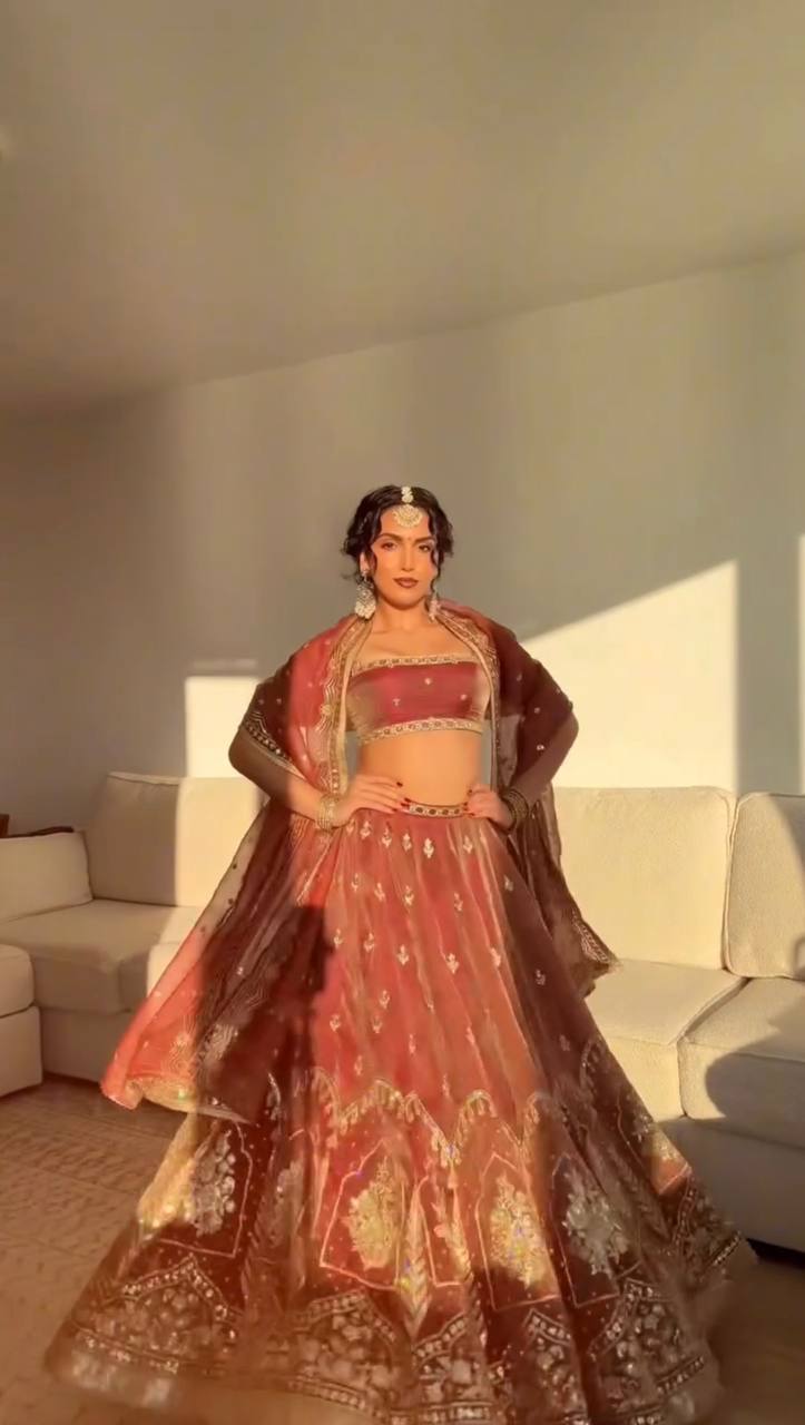 Antique Orange Krishma Silk Thread and Sequence Work Lehenga Set with Cancan and Unstitched Blouse