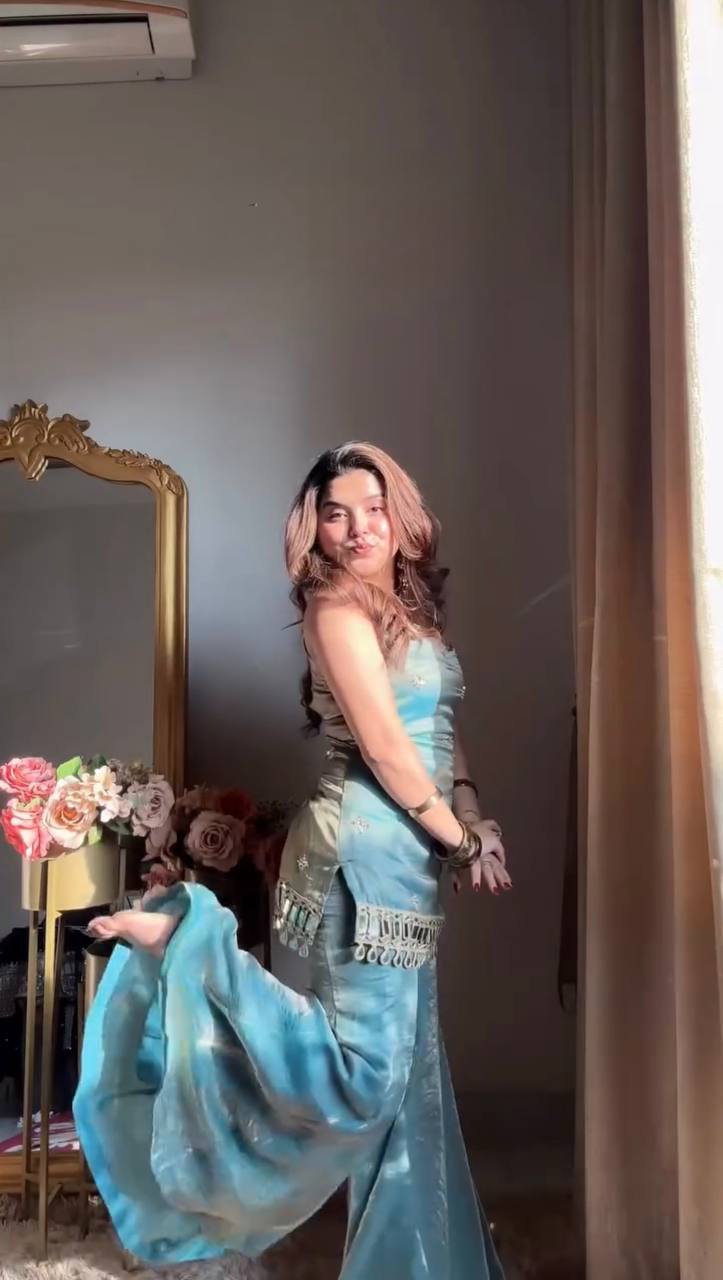 Ocean Breeze Fendy Silk Thread, Sequence and Real Mirror Work Top with Palazzo and Four-Side Lace Border Dupatta