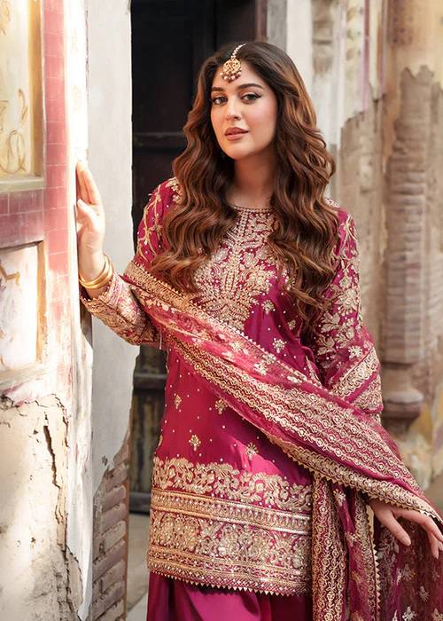 Royal Rani Pink Natural Crepe Thread and Sequence Work Top with Farshi Salwar Set