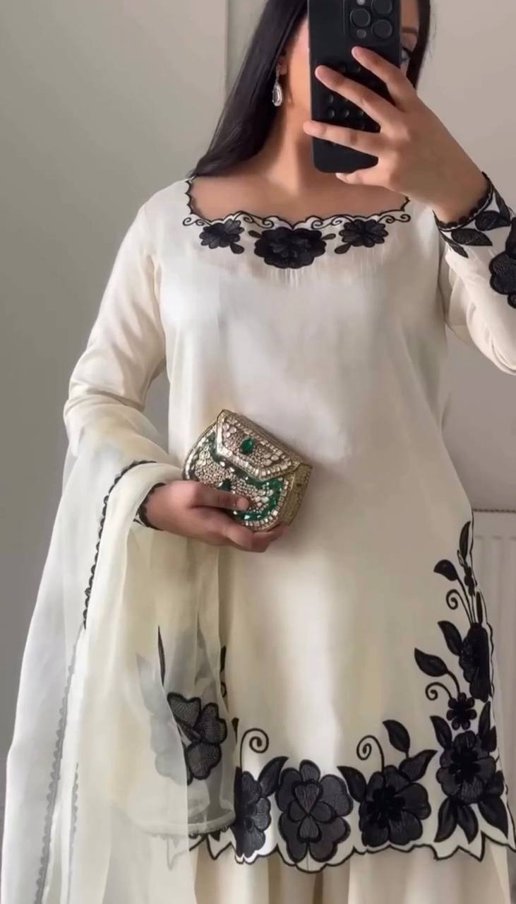 White With Black Embroidered Work Suit Set