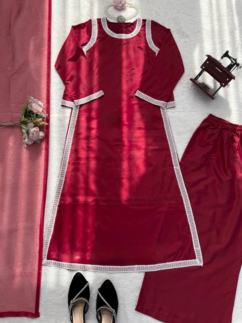Maroon With Silver Embellished Borders Anarkali Gown Set