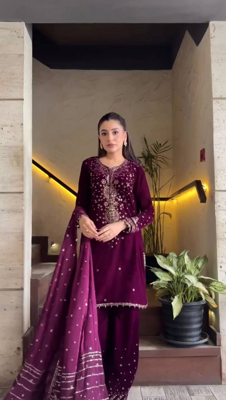 Deep Wine Embroidered Festive Suit Set