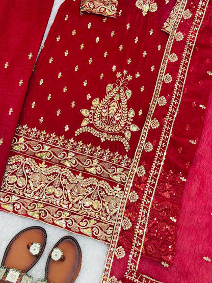 Deep Rose Ember Crunchy Silk Embroidered Top and Pant Set with Lace Border Dupatta