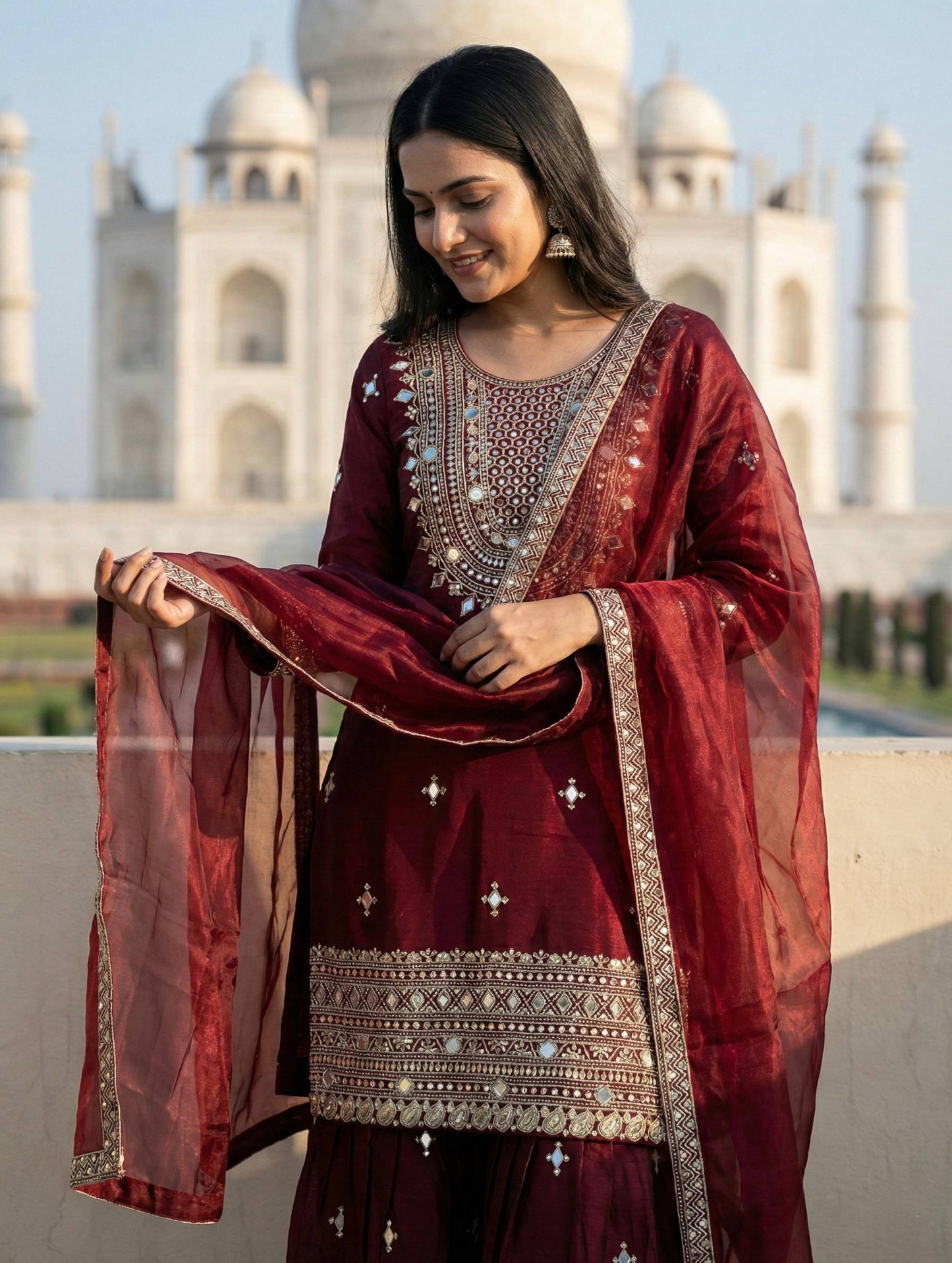 Ruby Port GMY Silk Embroidered Sharara Set with Mirror Work and Lace Border Dupatta