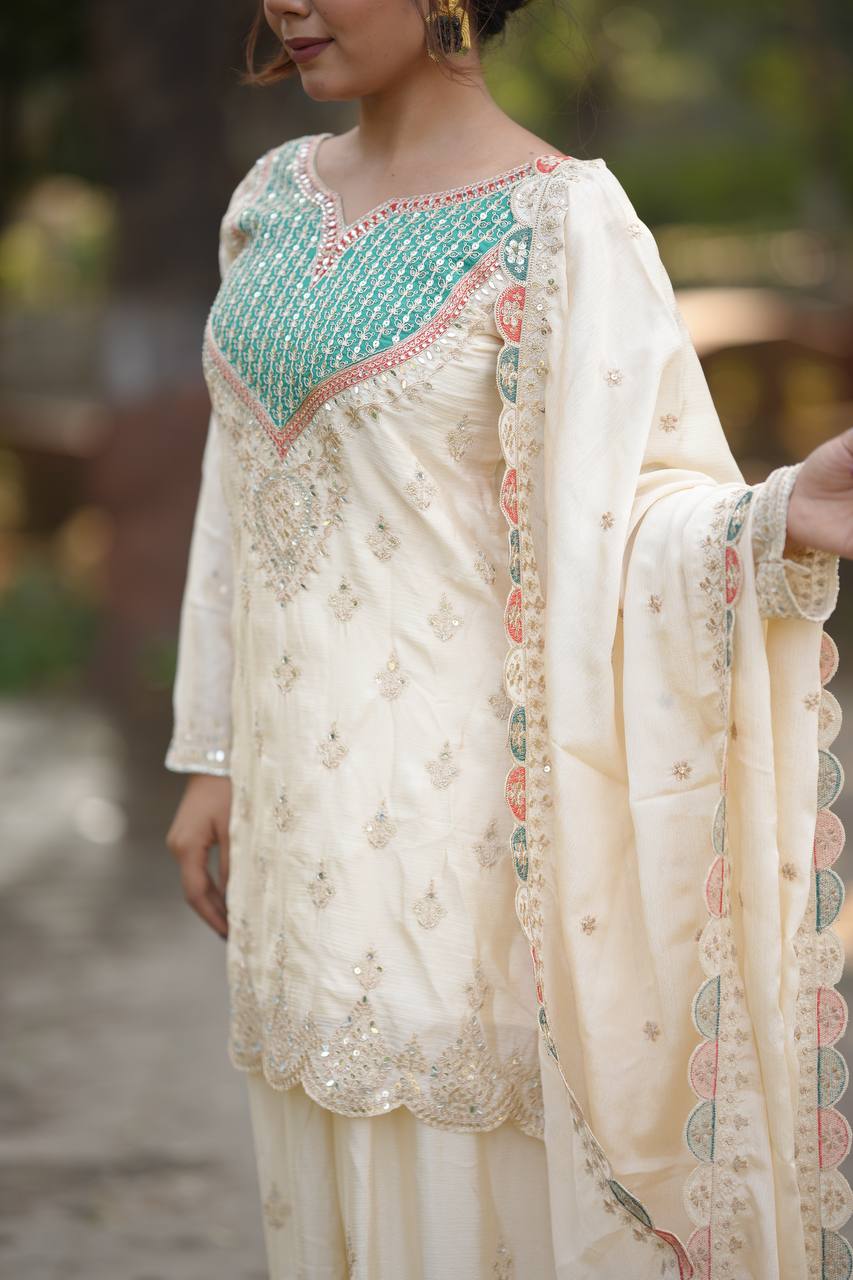 Zareen Cream Chinon Silk Embroidered Sharara Suit Set with Mirror Work Dupatta