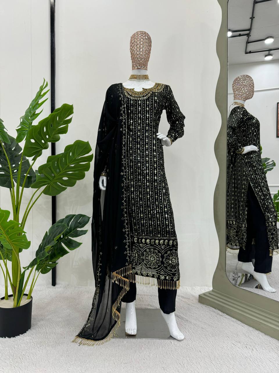 Black Faux Georgette Mirror Work Top with Pant and Embroidered Dupatta