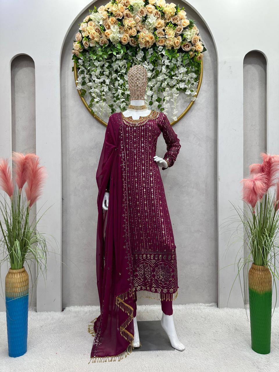 Maroon Faux Georgette Mirror Work Top with Pant and Embroidered Dupatta