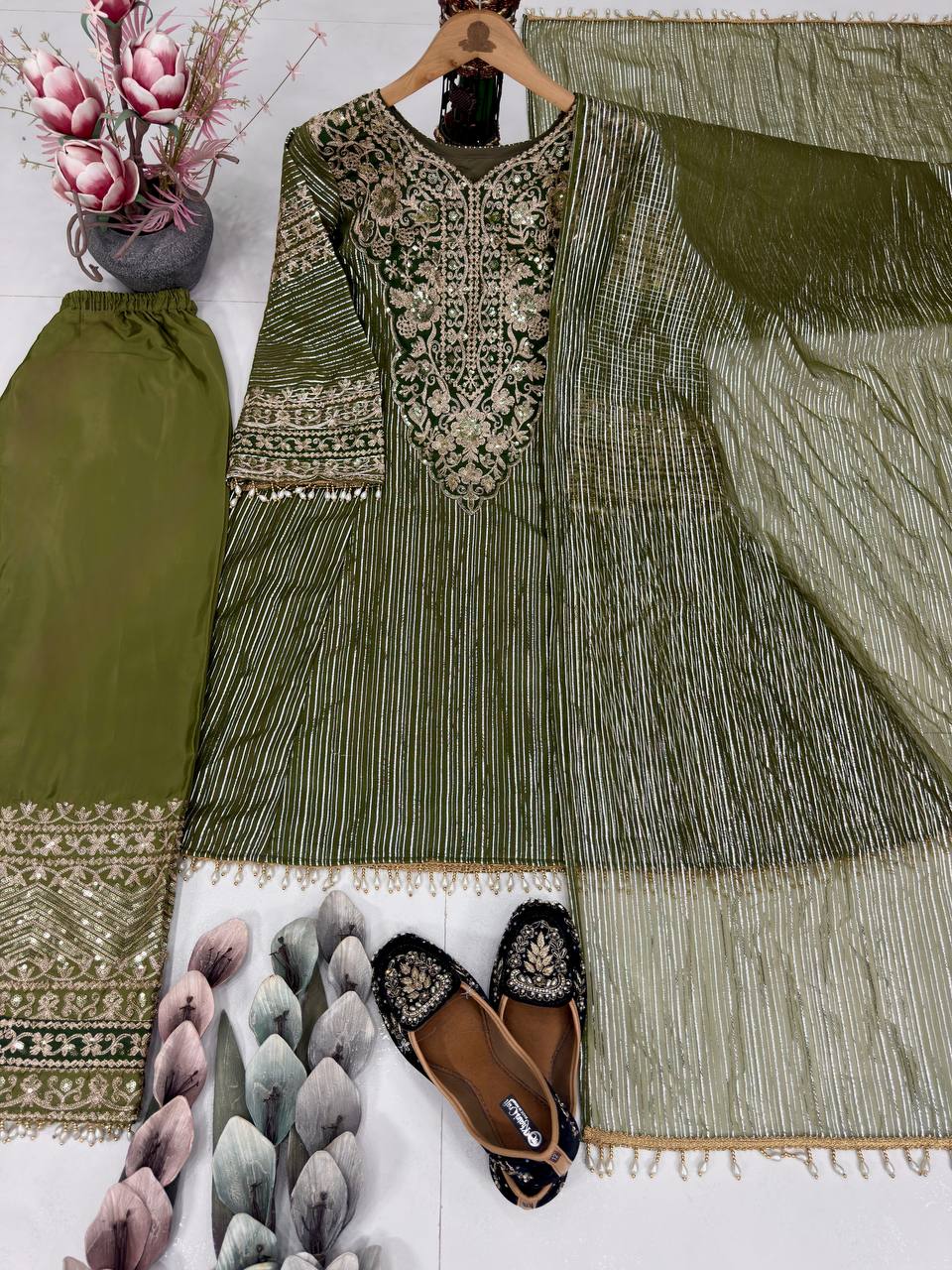 Noble Green Eid Special Heavy Embroidered Nylon Top with Soft Silk Plazzo and Lace Border Dupatta