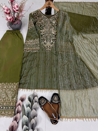 Noble Green Eid Special Heavy Embroidered Nylon Top with Soft Silk Plazzo and Lace Border Dupatta