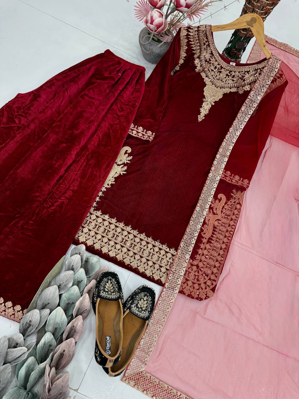 Maroon Embroidered Viscose Velvet Top with Umbrella Cut Palazzo and Soft Net Dupatta