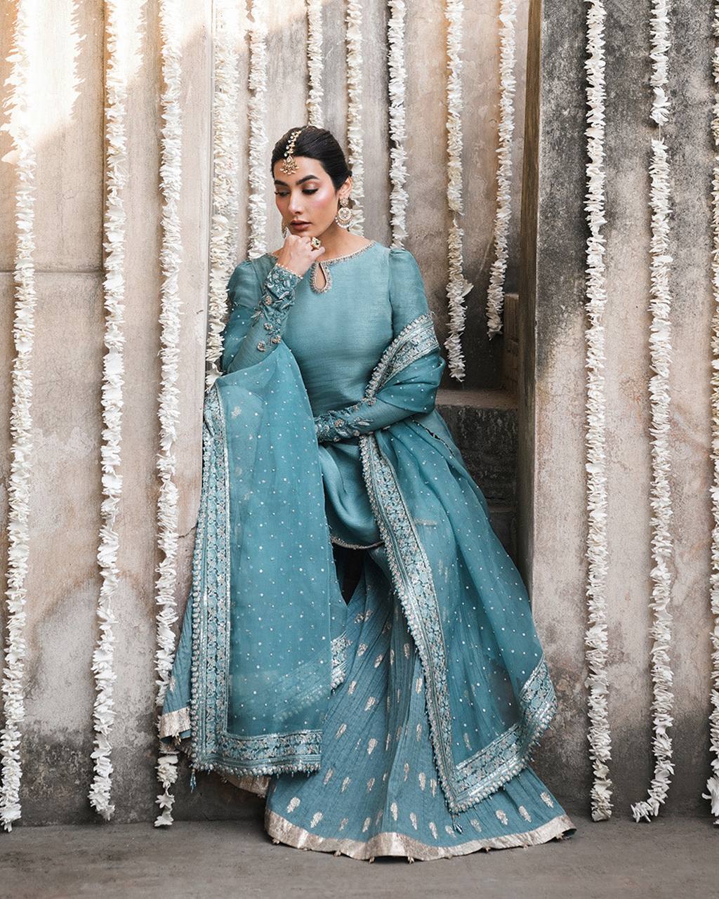 Regal Sea Blue Heavy Faux Georgette Embroidered Sharara Suit Set with Dupatta