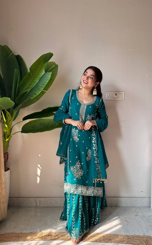 Teal Royal EID Special Faux Georgette Embroidered Gharara Suit Set with Dupatta