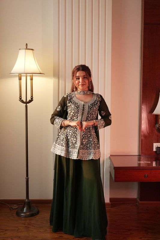 Green Embroidered Georgette Peplum Top Plazzo Set with Dupatta