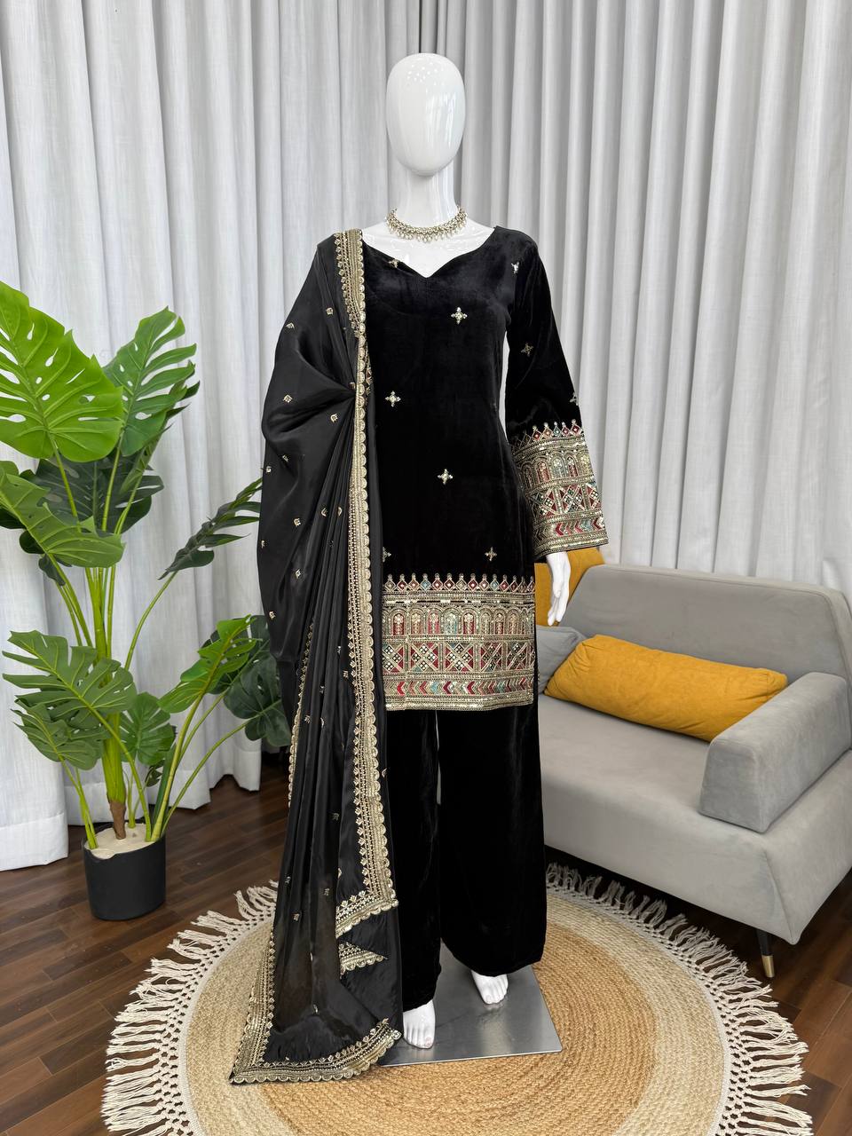 Black Heavy Velvet Coding and Sequence Work Palazzo Set with Tibby Silk Dupatta