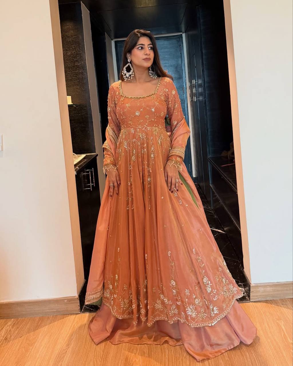 Orange colour Heavy Chinon Silk Thread and Sequence Work Gown with Lehenga and Dupatta Set