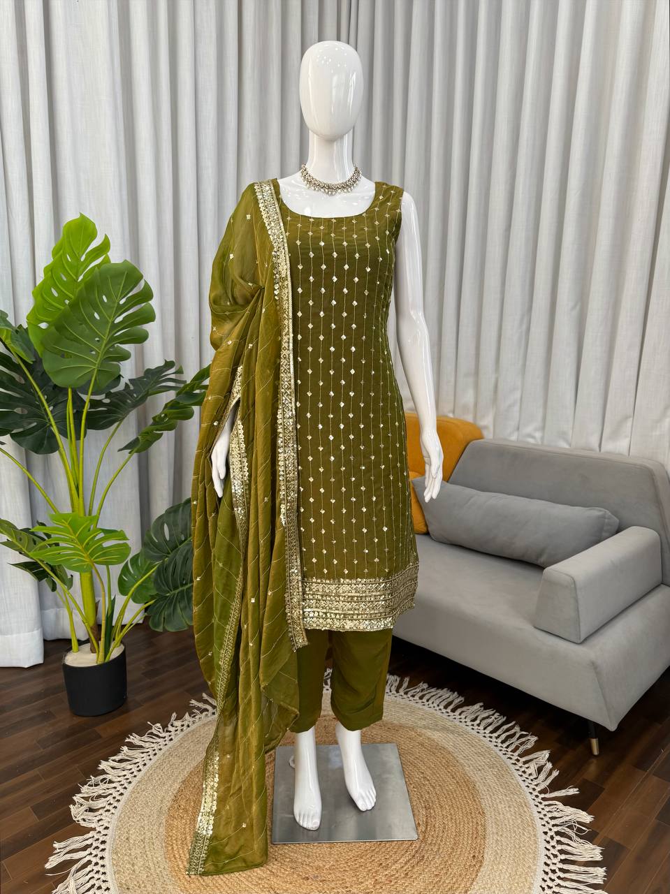 Mehndi Heavy Fendy Silk Thread and Sequence Work Top Pant Set with Dupatta