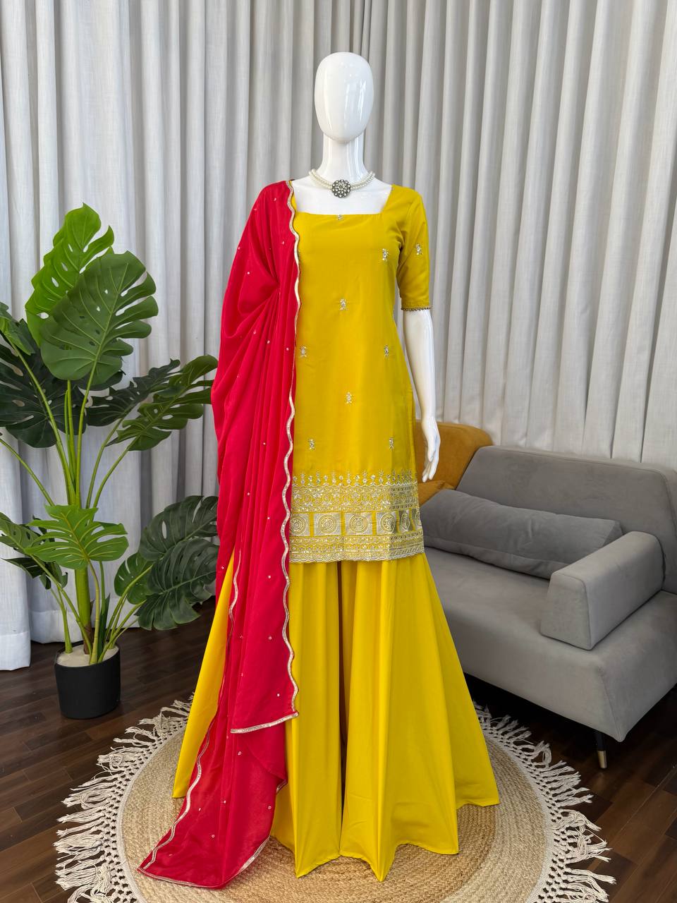 Saffron Yellow Natural Crepe Silk Thread and Sequence Work Sharara Set with Chinon Silk Dupatta