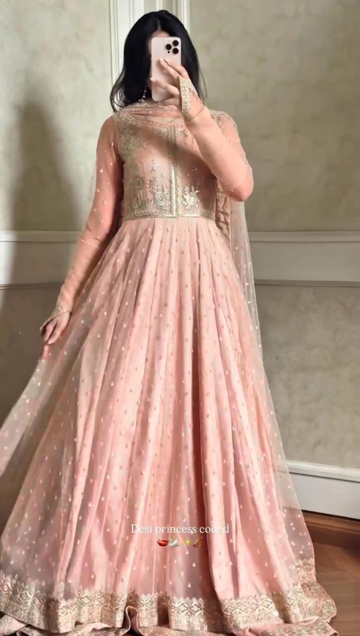 Shehzadi Pink Faux Georgette Thread and Sequence Work Gown with Lehenga and Butterfly Net Dupatta