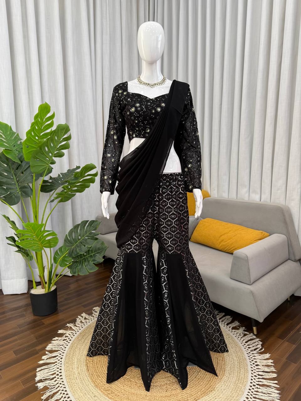 Black Faux Georgette Thread and Sequence Work Choli with Sharara and Dupatta