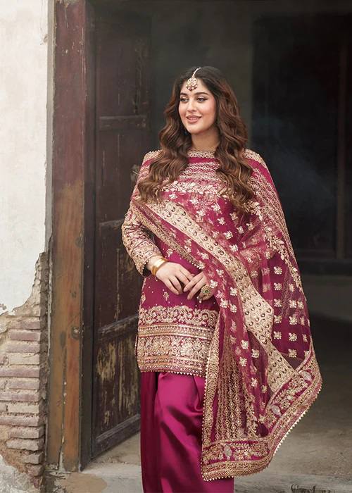 Royal Rani Pink Natural Crepe Thread and Sequence Work Top with Farshi Salwar Set